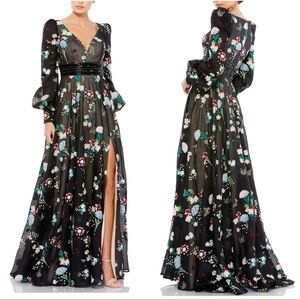 Mac Duggal Black Embroidered Floral Butterfly Ladybug Bishop Sleeve Gown #79361